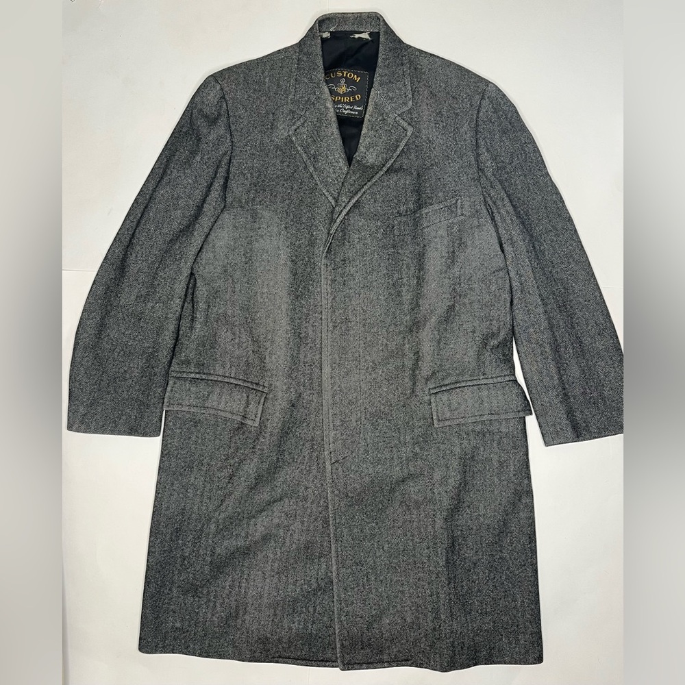 Vintage 1950s Herringbone tweed gray Wool overcoat Coat topcoat Made In USA